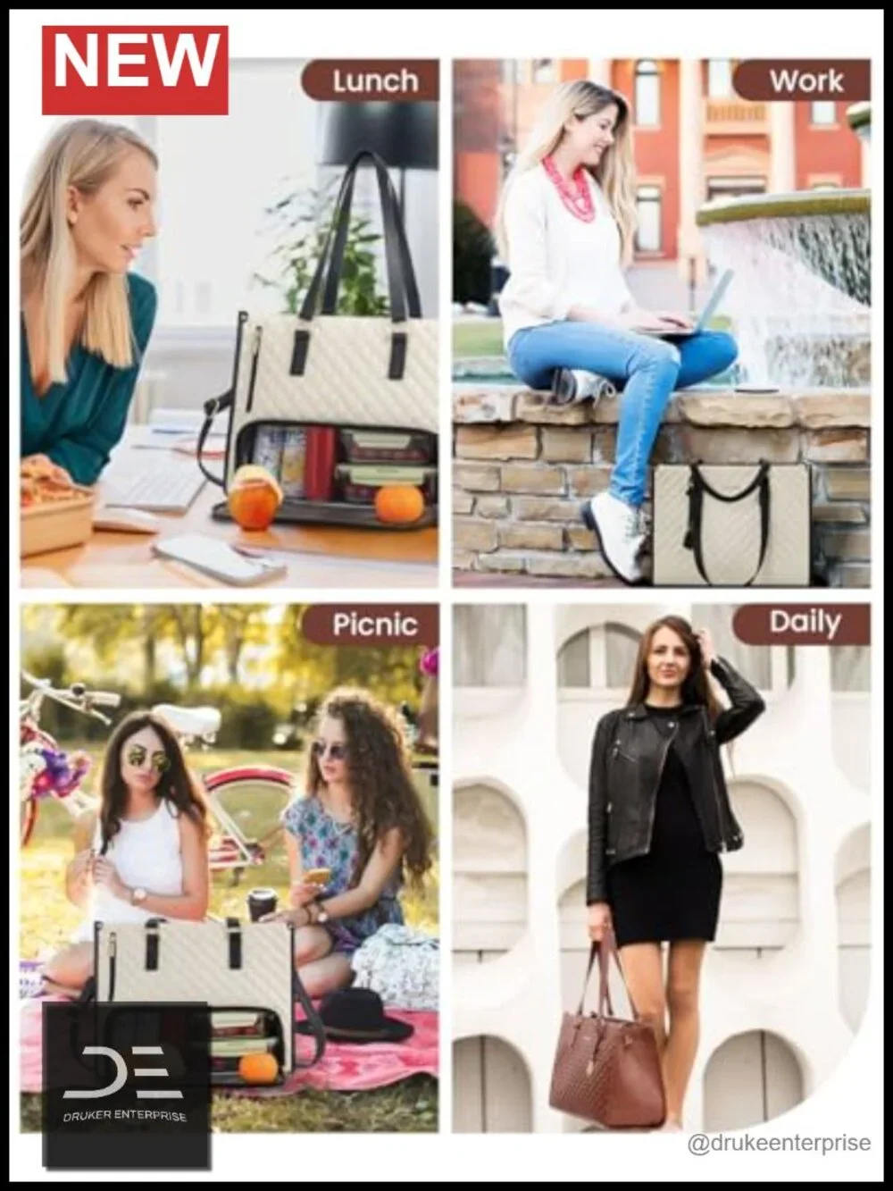 Quilted Lunch Tote Bag for Women, 17.3 Inch Laptop Bag with Insulated